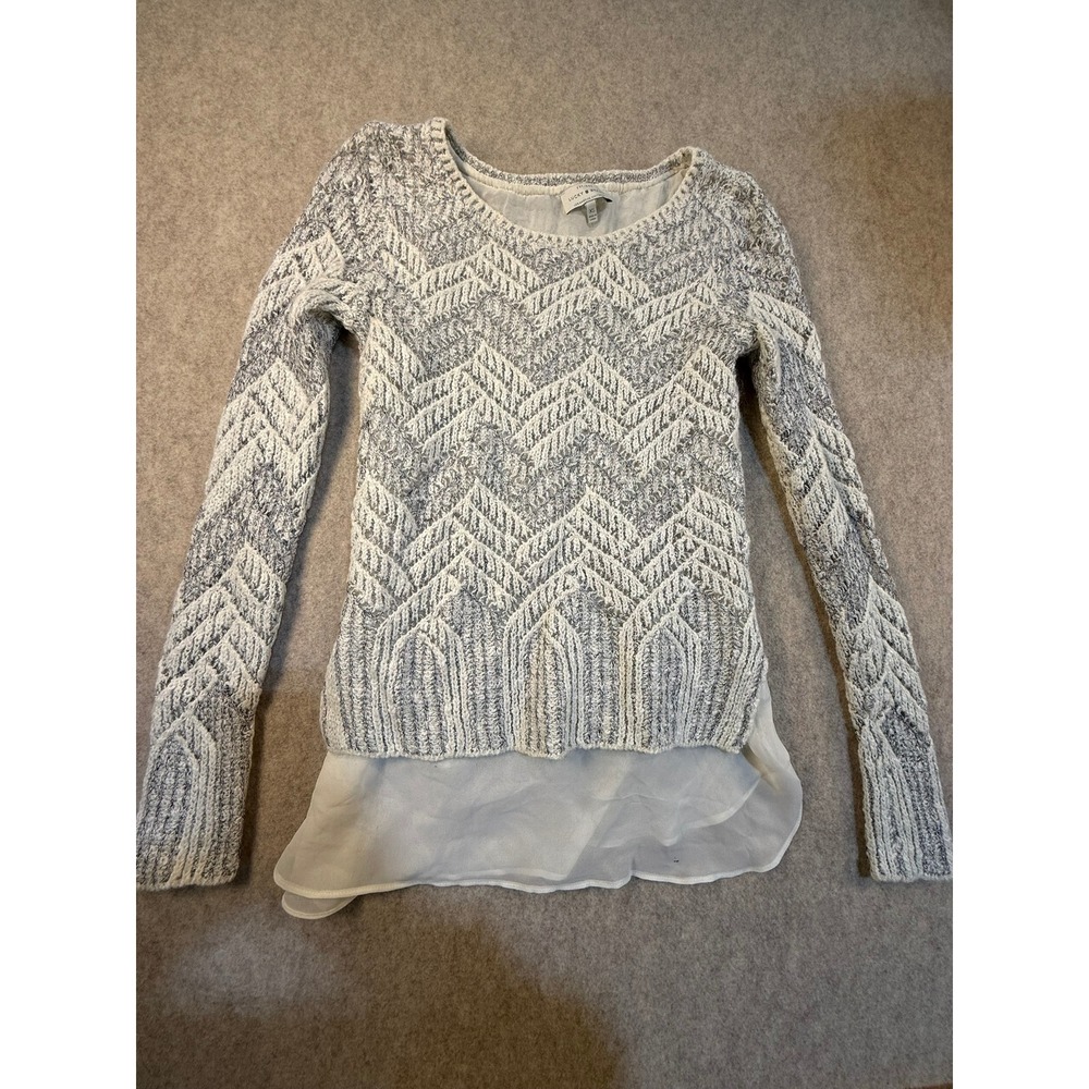 Lucky Brand Womens XS White Grey Chevron Knit Layered Chiffon‎ Hem Sweater
